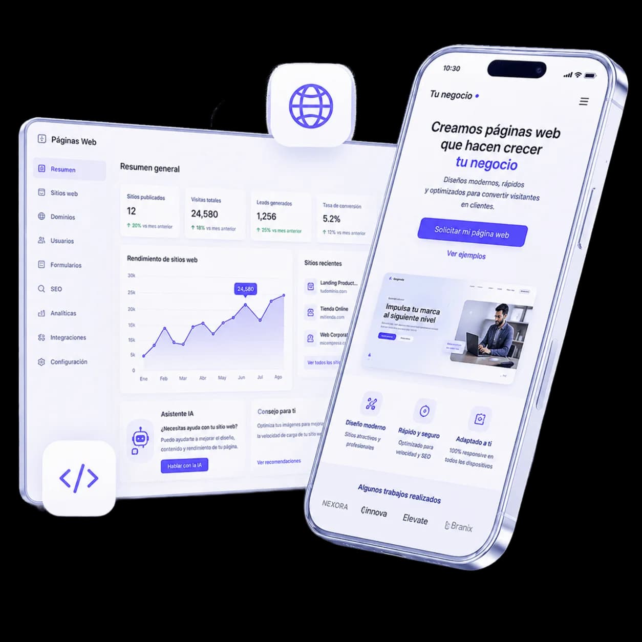 Portal web profesional con formularios y paneles de gestión