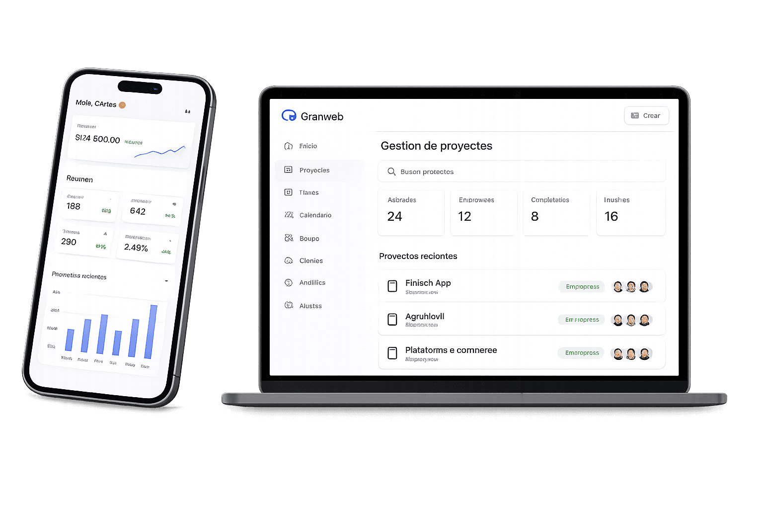 Websites, apps, and systems on laptop and phone built by Granweb