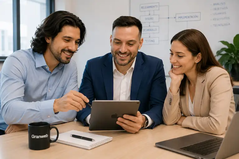 Equipo de Granweb colaborando con un cliente en una reunión de proyecto