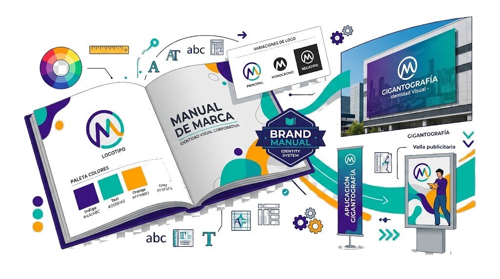 Manual de marca con logotipo, paleta y aplicaciones gráficas