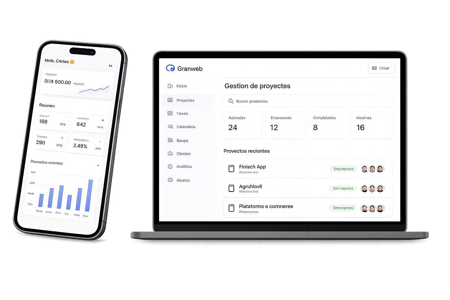 Mockups de Granweb en celular y notebook: panel de gestión de proyectos y dashboard analítico
